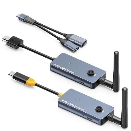 650Ft-200M Wireless USB-C to HDMI KVM Transmitter and Receiver Kit 1080P@60Hz Wireless KVM Long-Range USB Extender Support Screen Streaming & Keyboard-Mouse Signal Extension, PD100W Fast Charging