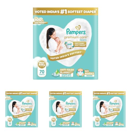 Image of Pampers Premium Care Pant Style Baby Diapers XS 70 Count | No Marks Design | Voted India's #1 Softest Diaper | All in 1 diaper with 360 Cottony Softness (Pack of 4)