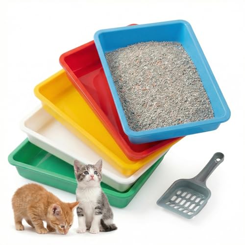 5Pcs Kitten Litter Boxes 1.57 inch Low Entry Litter Box with Scooper Portable Litter Box Shallow Litter Pan Open Travel Kitten Boxes for Small Cat Hamster Rabbit 5Colors