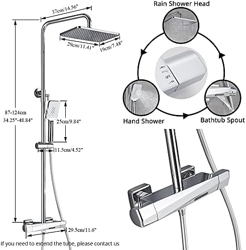 Rubinetto Doccia Cromato, Rubinetto termostatico per Vasca, soffione Doccia a Pioggia, Miscelatore per Vasca da Parete, Set Doccia con termostato, Tubo Tondo Cromato, Tubo Tondo CR