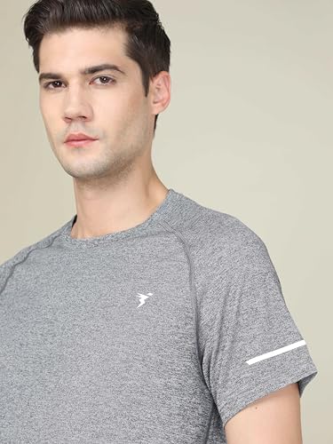 Image of TECHNOSPORT Men's Melange Slim Fit Round Neck T-Shirt Double Cool Raglan Sleeve Slip On Polyester for Gym Running Workout UPF50+ Anti Odour