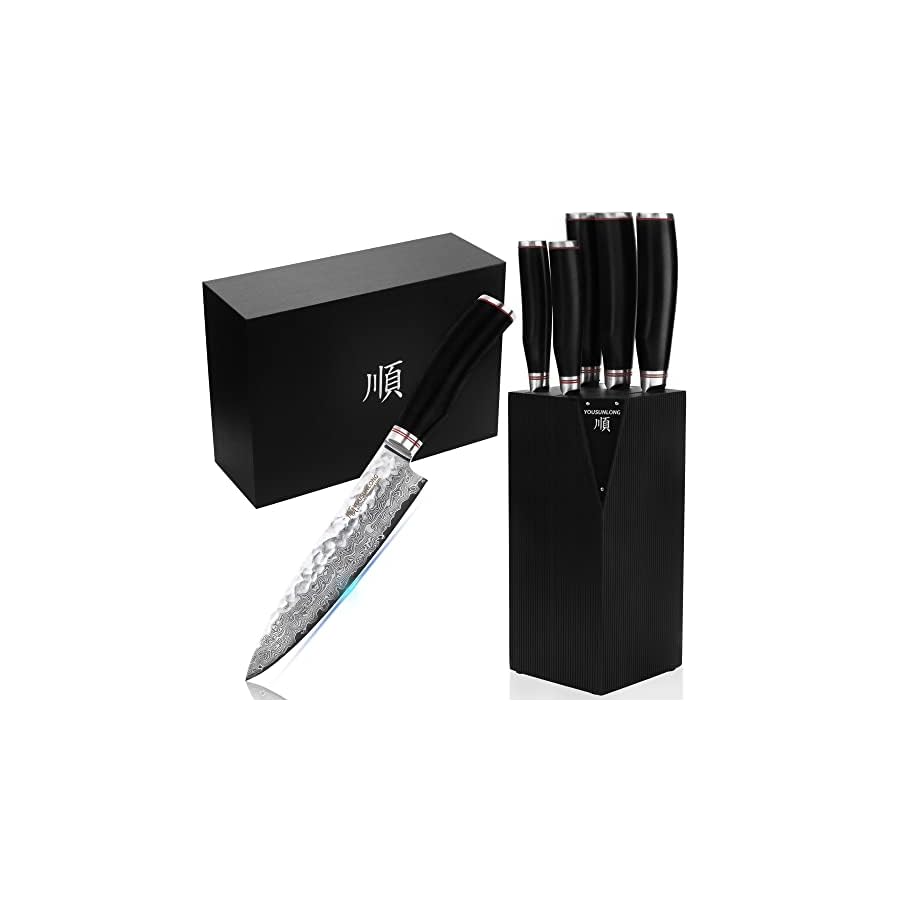 YOUSUNLONG-Knife-Block-Sets-5pcs-Kitchen-Knives-Set-with-Natural-Fraxinus-Americana-Holder-Japanese-Hammered-Damascus-Steel-Blade-Natural-Ebony-Handle-with-Gift-Box YOUSUNLONG Knife Block Sets - 5pcs Kitchen Knives Set with Natural Fraxinus Americana Holder - Japanese Hammered Damascus Steel Blade - Natural Ebony Handle with Gift Box