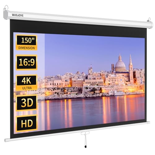 WASJOYE Manueller Leinwand Beamer Rollo mit Universal 150-Zoll Roll-Down einziehbarer manueller Projektionsschirm mit automatischer Verriegelung Einstellbarer Bildschirmhöhe