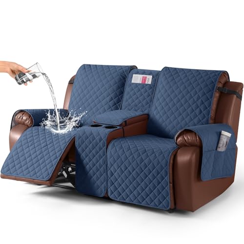 Image of KinCam 100% Waterproof Recliner Loveseat Cover with Console, Non-Slip Reclining Couch Covers for 2 Seat, Recliner Sofa Cover Furniture Protector with Elastic Straps for Kids, Pets, Blue