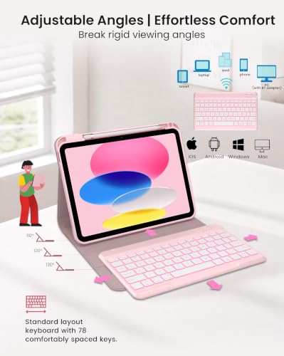 Image of typecase Folio iPad 11th /10th Gen Keyboard Case (11 inch A16 2025 & 10.9 inch 2022) - Magnetic Wireless Detachable Keyboard, 7-Color Backlight, Thin & Light, Pencil Holder - Light Pink