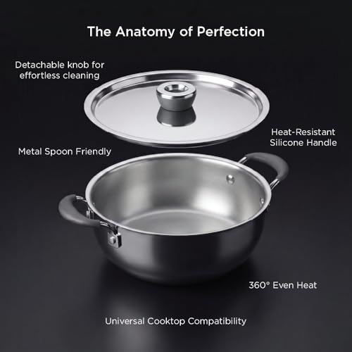 Image of Meyer Trivantage Pro Stainless Steel Triply Kadai | Deep Steel Kadhai with Lid | Stainless Steel Cookware with Induction Base | 24cm /3.6L