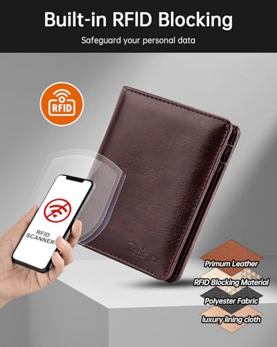 Image of Teskyer Wallet for Men RFID Blocking Bifold Credit Card Holder - Coffee | Large Capacity 8 Card Slots, Compact Design, Bifold Wallet with Gift Box for Daily Carry and Gifting