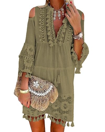 Minetom Damen Kleider Strand Elegant Casual A-Linie Langarm Sommerkleider Boho V-Ausschnitt Quaste Spitze Schulterfrei Tunika Mini Kleider Große Größe B Khaki 42