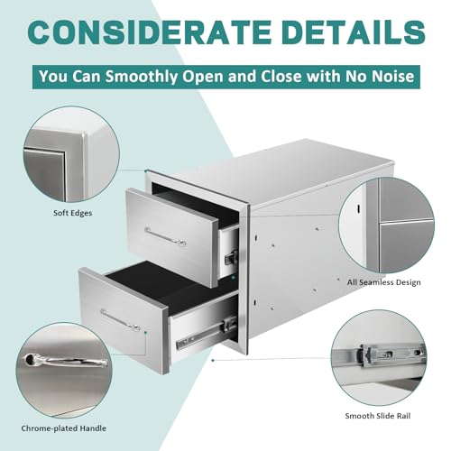 Image of Outdoor Kitchen Drawers 14 inch W x 15 inch H x 23 inch D Stainless Steel Drawer BBQ Double Drawers with Chrome Handle for Outdoor Kitchen Island, Patio Grill Station