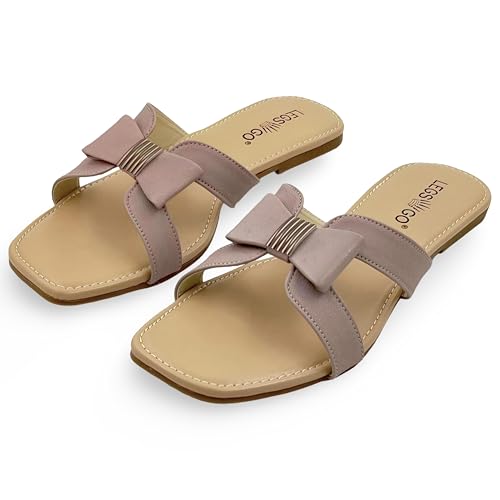 Image of Women's Bow Detail Flat Sandals | Stylish Slip-On Casual Sandals with Cross-Strap Design for Everyday Wear