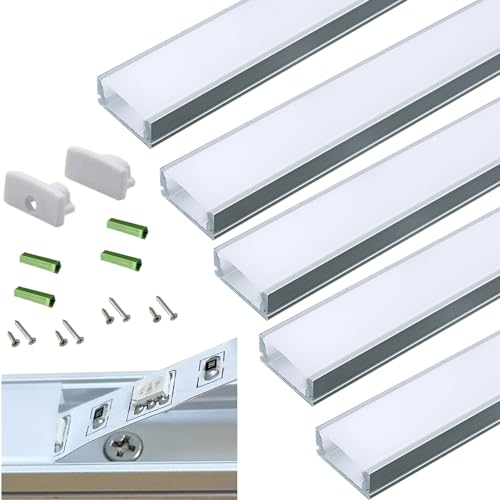 5-Pack Pre-Drilled Countersunk Hole 3.3FT/100CM LED Strip U Channel Diffuser, Hacksaw Easy Cut Flush Mounted...