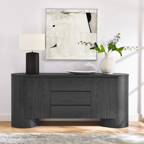 Image of Modway Duval Oval Wood Grain 71 Inch Sideboard with Doors and Drawers in Black