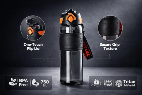 Image of Luvre Sports Water Bottle with Flip Top Lid, Black and Orange, BPA Free Tritan Material, Leak Proof Design with Carry Strap