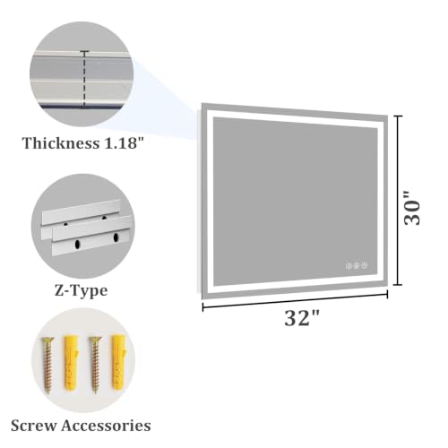 Image of Koonmi 32x30 LED Bathroom Mirror with Light, Anti-Fog, 3 Colors | Backlit + Front Lit, Dimmable Brightness, Shatterproof HD Distortion-Free Tempered Glass, Hardware Included