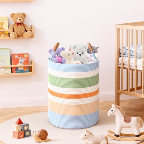 Image of Large Laundry Basket, Laundry Hamper with Leather Handles, 90L Woven Dirty Clothes Hamper, Rope Hampers for Bedroom, Barthroom, Rainbow