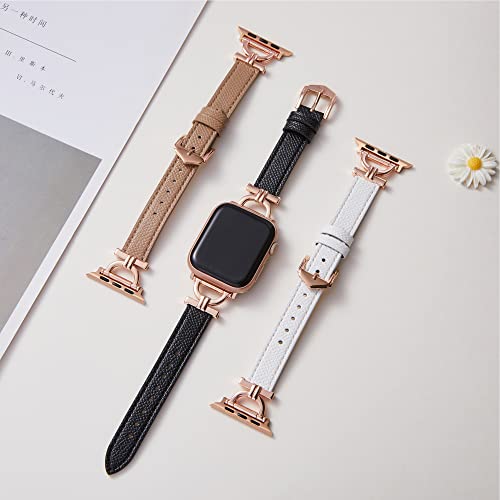 Osber Genuine Leather Band Compatible With Apple Watch Women 38Mm 40Mm 41Mm, Classic Slim Leather Strap With D-Shape Rose Gold Metal Buckle For Iwatch Series 8 Se 7 6 5 4 3 2 1, Black #TOP2