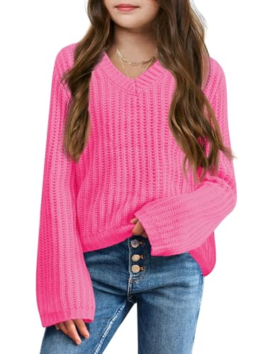 Imily Bela Girls Bell Sleeve V Neck Knit Sweaters Kids Fashion Crop Pullover Sweater Tops Hot Pink