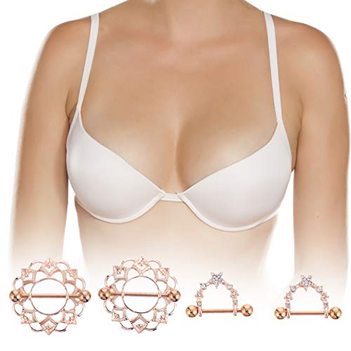 2 pares de anéis de mamilo sem piercing de strass para mamilo, de aço inoxidável, grampos de mamilo,