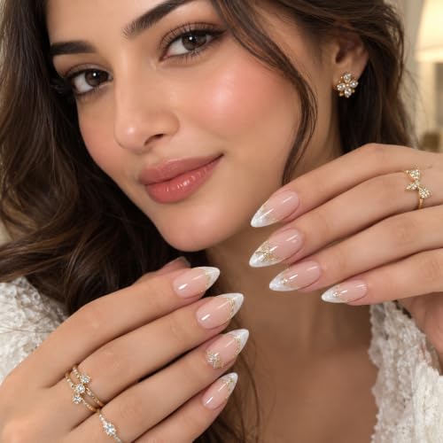 Image of Nakhi 24 Pcs Luxury Stiletto Press On Nails with Gold Bow Design