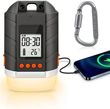 LED Camping Lantern Rechargeable, Up to 500H Play, Power Bank 10400mAh, 4 Light Modes, Time Clock LCD Screen, Waterproof, Tent Lights Lantern Flashlight for Power Outage, Hurricane, Emergency