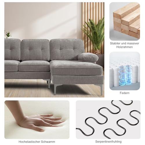 DUANDUAN Ecksofa 3-Sitzer Sofas 210cm breit Polsterecke mit Federkern Kissen und Rückenlehnen abnehmbar und waschbar - Chaiselongue beidseitig montierbar Couch L-Form fürs Wohnzimmer (Grau)