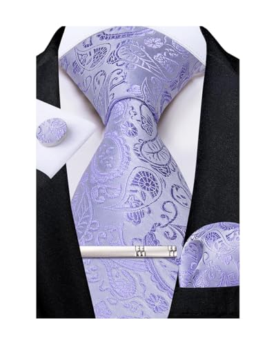 Image of DiBanGu Paisley Ties for Men Silk Necktie and Pocket Square Cufflinks Tie Clip Set Woven Classic Mens Tie for Wedding Party