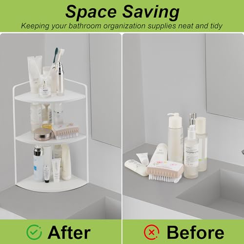 Image of 3 Tier Corner Bathroom Counter Organizer, Countertop Organizer, Makeup Organizer Countertop, Bathroom Storage Sink Shelf, Wooden and Metal Counter Shelf (Large Capacity-White)