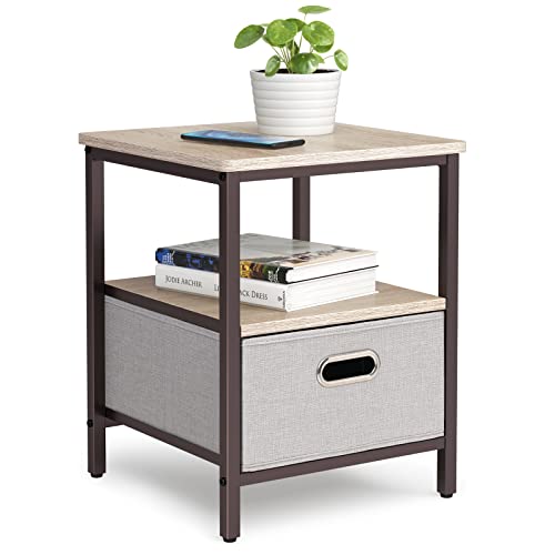 MXwcy Nightstand, End Table, Bedside Furniture, Side Table with Fabric Storage Drawer and Open Wood Shelf, Steel, Easy Assembly, for Bedroom Office Lounge Living Room Dorm, Beige