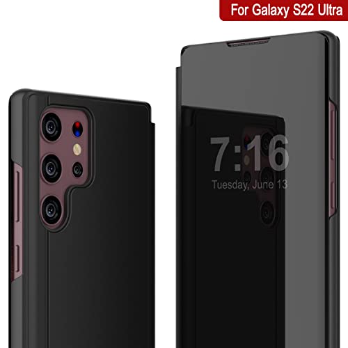 Punkcase S22 Ultra Reflector Case Protective Flip Cover W/Scratch Resistant Translucent Mirror Front & Non-Slip PU Leather Back Integrated Kickstand for Galaxy S22 Ultra 5G (6.8") (2022) (Black) - Image 2
