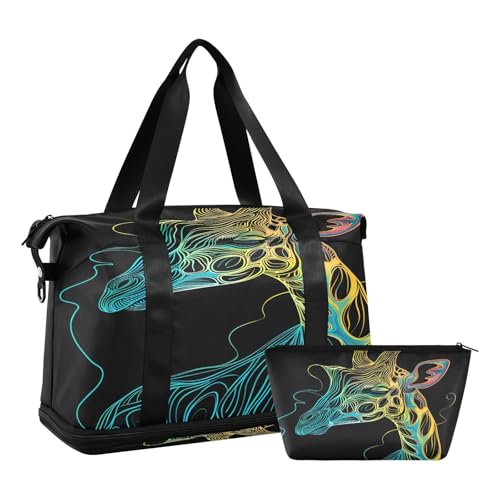Giraffe Colorful Line Travel Duffel Bag Waterproof Gym Sport Tote Bag Carry On Weekender Bag with Compartment