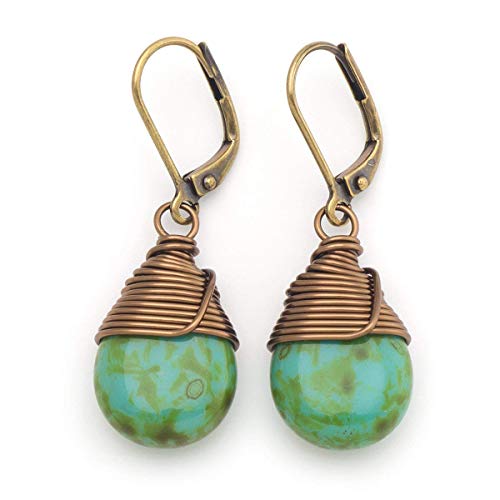 Green Czech Glass Wire-wrapped Drop Antique Bronze Lever-back Earrings 1.4 Inches