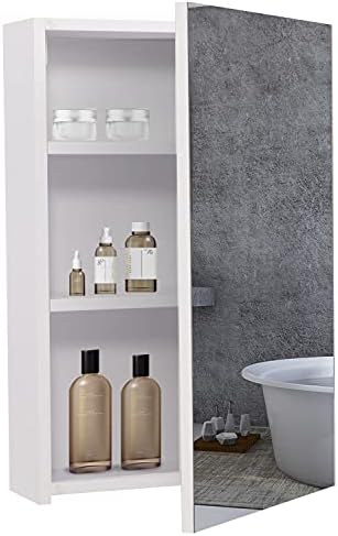 BELIWIN Bathroom Wall-Mounted Mirror Cabinet White, Small Single Mirrored Door Storage Cupboard, Adjustable Height Shelves Storage Unit (40 x 60 x 15 cm)