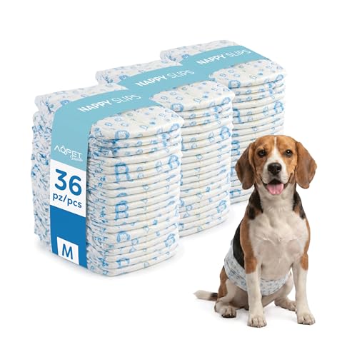 Aqpet Pannolini Igienici a Fascia Mutanda per Cani Maschi con Chiusura Adesiva Regolabile, Anti odore, Usa e getta, Taglia Medium 550x220mm, Confezione da 36 Pezzi