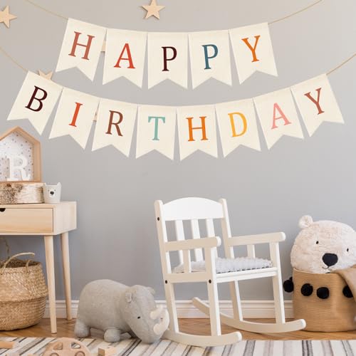 Image of Doumeny Happy Birthday Burlap Banner Boho Birthday Garland Bunting Bohemian Party Hanging Flag White Happy Birthday Bunting Garland Rainbow Party Banner for Women Men Birthday Photo Backdrop