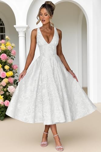 V Neck Prom Dresses 2025 Floral Satin Jacquard A-Line Tea Length Midi Formal Evening Party Gown with Bow for Women4