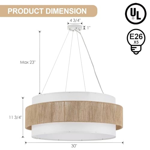 ELYCCUPA 30” Fabric Rattan Chandelier Boho Hand Woven Coastal Pendant Light Adjustable Drum Large Pendant Lighting Fixtures for Dining Room Living Room Kitchen Hallway, Off-White, UL Listed - Image 5
