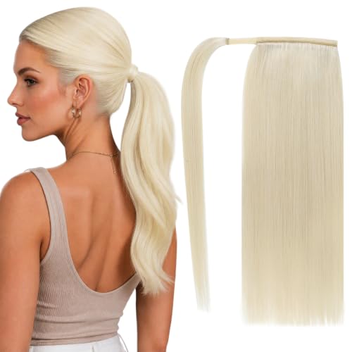 Image of Full Shine Pony Tail Extensions Real Human Hair, White Blonde, Length Style