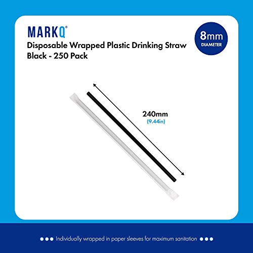 MARKQ Disposable Plastic Drinking Straws, 24 cm long Individually Wrapped (Black, 250 Pieces)