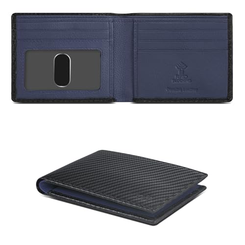 Image of Oak Leathers Slim Leather Wallet for Men - RFID Blocking Slim Minimalist Front Pocket - Thin & Stylish with ID Window, Gift For Men (Black Carbon /Navy)