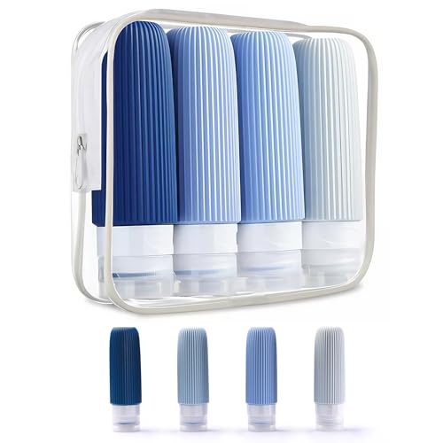 Kit 4 Frascos Potes Silicone Viagem 90ml Canelado Aprovado TSA (Tons de Azul)