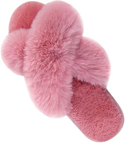 Women's Cross Band Slippers Fuzzy Soft House Slippers Plush Furry Warm Cozy Open Toe Fluffy Home Shoes Comfy Indoor Outdoor Slip On Breathable Pink 7-8