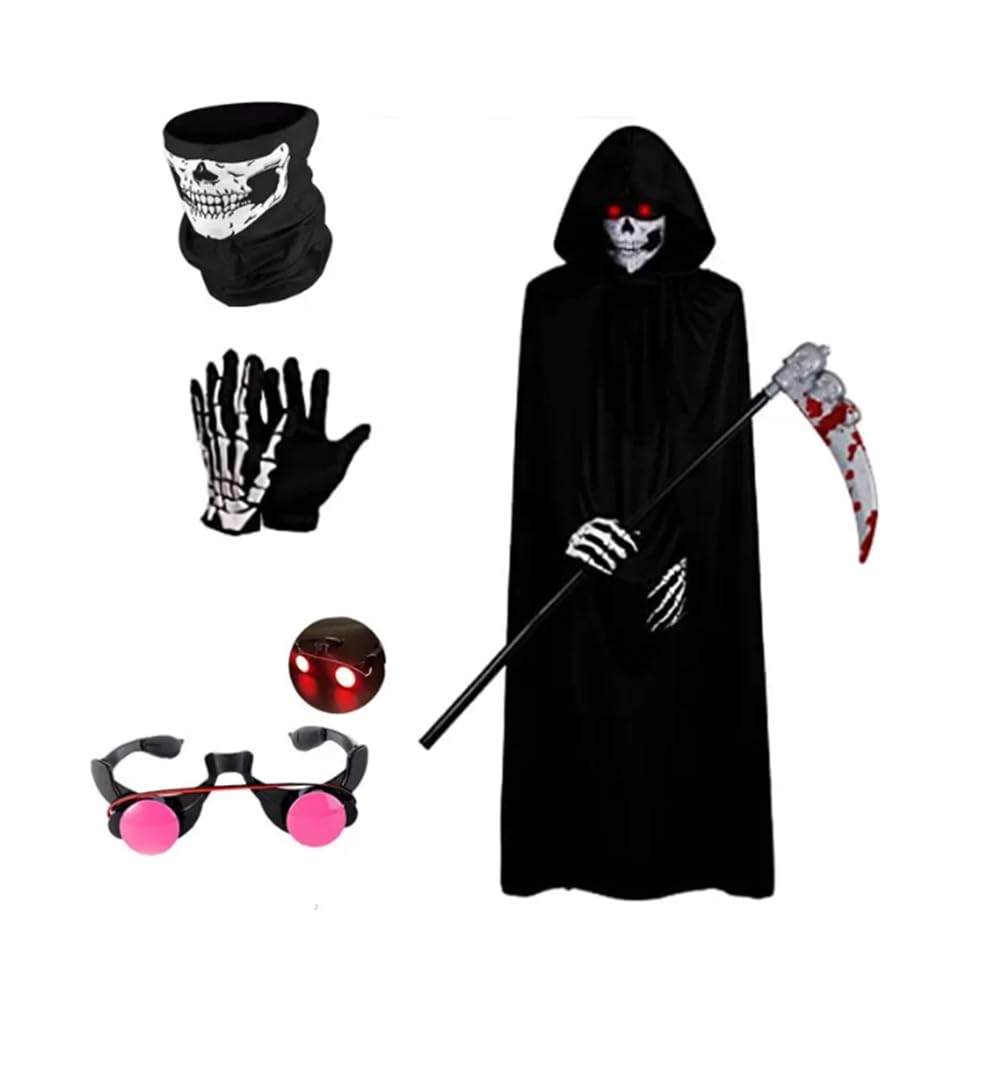 NEW-YIJUNSHUN Grim Reaper Costume for Adults, Scary Grim Reaper Adult Costume with Hooded Cloak, Skeleton Mask, Gloves, and Scythe - Perfect Halloween Outfit for Adults (140CM)