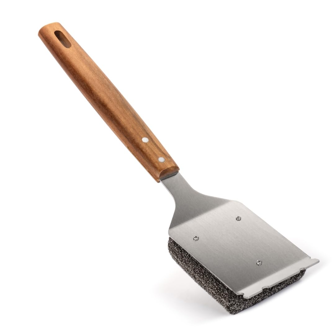 Cepillo de parrilla sin cerdas y raspador para barbacoa, mango de madera grande extendido con cabezal reemplazable, accesorios de limpieza de barbacoa sin arañazos para parrillas al aire libre 4