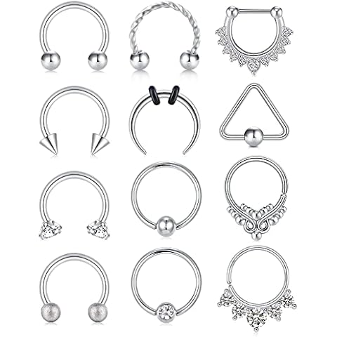 Zolure 16G Stainless Steel Septum Ring Septum Piercing Jewellery Clicker Horseshoe Nose Hoop Rings Eyebrow Lip Earring Tragus Helix Cartilage Daith Conch Body Piercing Jewellery 8-10mm Cover