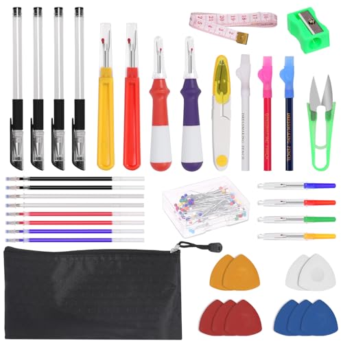 Swpeet Seam 138Pcs Nähwerkzeug Kit, Naht Ripper Kit mit Schere, Nähstifte, Stift Nachfüllungen, Stifthalter, farbige Kreiden, Schneiderwerkzeuge Kreide, Lineal und Bleistiftschärfer für Handwerk