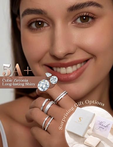 Non Tarnish Gold Silver Stackable Rings for Women - 14K Gold Plated Waterproof Stacking Thin Chunky Bands Cubic Zirconia Thumb Ring Set 2-4mm Trendy Statement Promise Engagement Rings Size 5-104