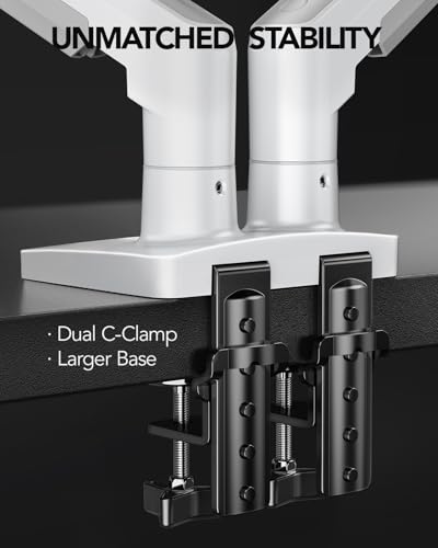 Image of HUANUO Dual Monitor Stand - Full Adjustable Monitor Desk Mount Swivel Vesa Bracket with C Clamp, Grommet Mounting Base for 13 to 32 Inch Computer Screens - Each Arm Holds 4.4 to 19.8lbs - White