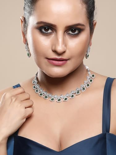 Image of ASMITTA Jewellery American Diamond Necklace Set Rhodium Plated Choker Necklace with Earrings for Weddings, Parties & Festivals