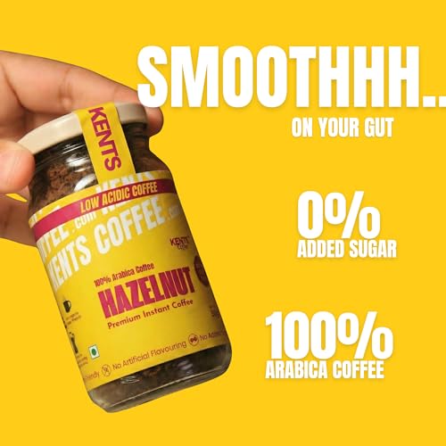 Image of Kents Coffee Hazelnut Instant Coffee (50g) | 100% Arabica Coffee from Chikmagalur | Low Acid Coffee for No Acid Reflux | Real Hazelnut Flavour with No Added Sugar & No Artificial Flavours | Hot & Cold Coffee