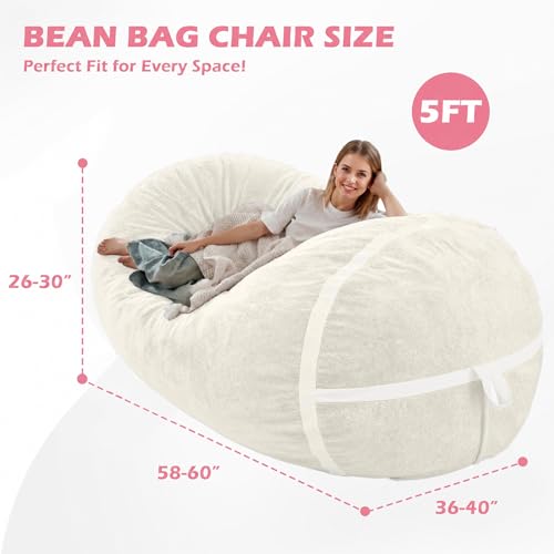 Image of 5FT Bean Bag Chair 5'Giant Bean Bag Chairs with Adults, Large Beanbag Chair | Bean bag Lounger with Machine Washable Cover Luxurious Velvet Fabric, Comfy Chairs for Living Room, Bedroom, Dorm, Beige